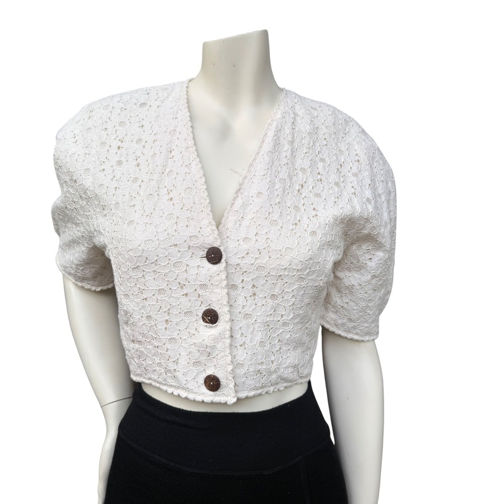 Suttles & Seawinds Lace Cropped Jacket Puff Sleeve Cottagecore Coquette White S
